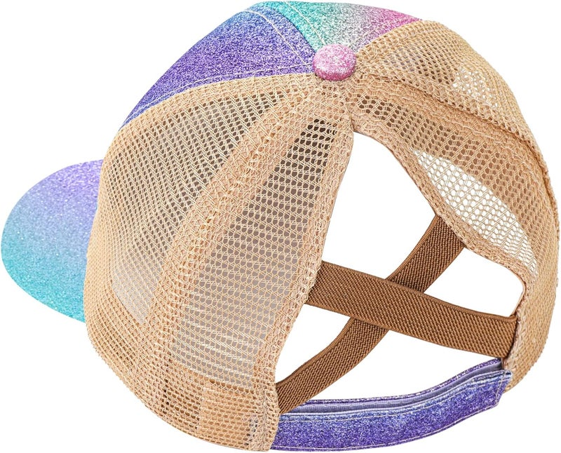 BROMZ Girls Glitter Baseball Cap Kids Ponytail Hat Adjustable Summer Mesh Trucker Hats for 4-12 Years - Image 4